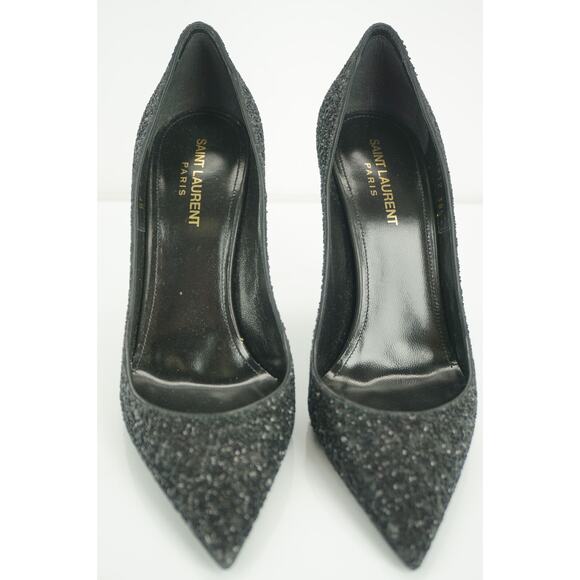 Saint Laurent Zoe 110MM Super Black Glitter Pointy Toe Pumps SZ 38.5 NIB $795 - Picture 11 of 11